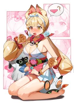 1girl ? absurdres alice_thymefield alice_thymefield_(sea_of_thyme) animal_ears ayu_(user_xkhp7843) bangboo_(zenless_zone_zero) bare_shoulders barefoot blonde_hair blush breasts character_name choker cleavage commentary dress_swimsuit eous_(zenless_zone_zero) hair_ornament heterochromia highres long_hair looking_at_viewer miss_esme_(zenless_zone_zero) official_alternate_costume open_mouth rabbit_ears rabbit_girl red_eyes sphere_hair_ornament spoken_object swimsuit symbol-only_commentary thigh_strap white_choker yellow_eyes zenless_zone_zero