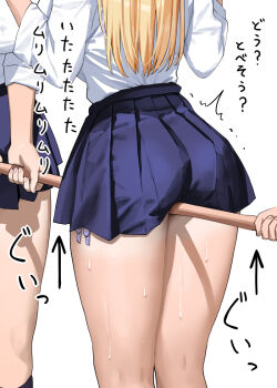 3girls ass between_thighs blonde_hair blue_skirt broom broom_riding clothes_lift collared_shirt commentary_request crotch_rub holding holding_broom kaisen_chuui long_hair long_sleeves lower_body multiple_girls original panties panty_peek pleated_skirt purple_panties school_uniform shirt shirt_tucked_in side-tie_panties simple_background skirt skirt_lift sleeves_rolled_up sweat thighs underwear white_background white_shirt