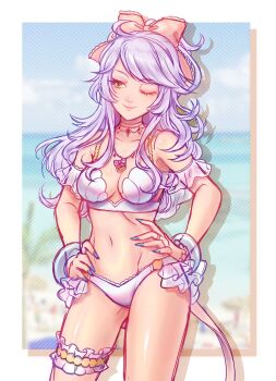 1girl adelle_(fft) bikini blurry blurry_background bow bracelet breasts final_fantasy final_fantasy_tactics_a2 final_fantasy_tactics_advance frills hair_bow hair_ornament hand_on_own_hip harutomuruto highres jewelry long_hair medium_breasts nail_polish navel necklace one_eye_closed pink_hair pleated_skirt ribbon skirt smile solo stomach swimsuit yellow_eyes