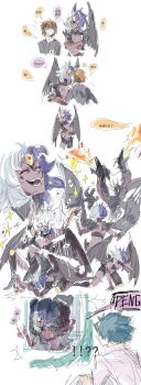 !? absurdres artist_request big_hair breasts brown_hair demon_wings dragon dragon_wings duel_monster grin highres horns johan_andersen looking_at_another sequential simple_background smile spiked_hair third_eye translation_request white_background wings yu-gi-oh! yu-gi-oh!_gx yubel yubel_-_terror_incarnate yuki_judai