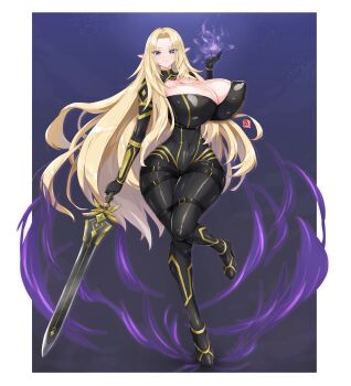 1girl alpha_(kagejitsu) bea_(bropmlk) belt black_bodysuit blonde_hair blue_eyes bodysuit bouncing_breasts breasts cleavage closed_mouth commentary_request covered_erect_nipples crossed_belts curvy elf energy full_body hand_up highres holding holding_sword holding_weapon huge_breasts impossible_bodysuit impossible_clothes impossible_leotard kage_no_jitsuryokusha_ni_naritakute! leotard long_hair looking_at_viewer magic narrow_waist pointy_ears seto_asami skin_tight smile solo standing standing_on_one_leg strap sword thigh_belt thigh_strap thighs weapon wide_hips