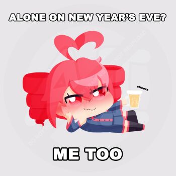 :3 ahoge alcohol arm_support beer beer_mug black_boots blush boots chibi chibi_only closed_mouth commentary cup detached_sleeves english_text full_body grey_background grey_shirt grey_skirt head_rest heart heart_ahoge highres holding holding_cup kasane_teto kasane_teto_(utau) lying morgane mug red_eyes red_hair shirt simple_background skirt sleeveless sleeveless_shirt symbol-only_commentary utau