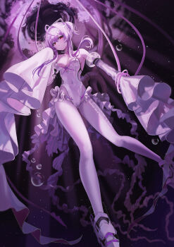1girl absurdres ahoge air_bubble armored_shoes bubble collar covered_navel detached_sleeves frills from_below goddess_of_victory:_nikke hair_intakes hairband headgear highres leotard liberalio_(nikke) looking_at_viewer pantyhose purple_hair red_eyes short_hair_with_long_locks sleeves_past_fingers sleeves_past_wrists solo sxrxri_a twintails underwater white_collar white_leotard white_pantyhose white_sleeves wire