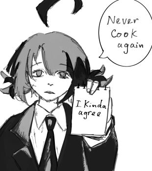 1girl absurdres ahoge coat collared_shirt cosplay detached_ahoge english_text gigi_murin greyscale highres holding holding_notepad hololive hololive_english jessciaronie kishibe_(chainsaw_man) kishibe_(chainsaw_man)_(cosplay) looking_at_viewer monochrome necktie notepad scene_reference shirt solo speech_bubble trench_coat virtual_youtuber