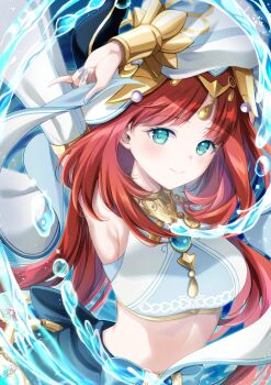 Rule 34 | 1girl, armpits, azuma yuki, blue gem, blue skirt, breasts, circlet, detached sleeves, fake horns, gem, genshin impact, gold trim, headdress, highres, horns, jewelry, long hair, looking at viewer, medium breasts, midriff, navel, nilou (genshin impact), parted bangs, red hair, skirt, veil, very long hair, water, white veil