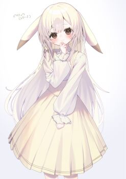 1girl blush brown_eyes closed_mouth commentary_request droopy_ears gen_1_pokemon hair_between_eyes hand_up highres light_smile long_hair long_sleeves looking_at_viewer moti_yousei nintendo peakychu personification pikachu pokemon pokemon_pokopia shirt simple_background skirt solo very_long_hair white_background white_hair white_shirt yellow_skirt