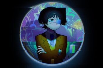 1boy alternate_costume averting_eyes black_hair blazer blue_necktie blunt_ends brown_jacket brown_sleeves cerebrumsomnium closed_mouth collared_shirt contemporary eyepatch genshin_impact green_eyes hand_on_own_arm highres holding holding_phone jacket lapels layered_sleeves long_sleeves looking_to_the_side male_focus medical_eyepatch monitoring_(vocaloid) necktie open_clothes open_jacket parody phone pov_peephole purple_background purple_eyes ringed_eyes sanpaku scaramouche_(genshin_impact) school_uniform shirt solo sweater_vest text_messaging undershirt upper_body white_shirt white_sleeves wispy_bangs yellow_sweater_vest