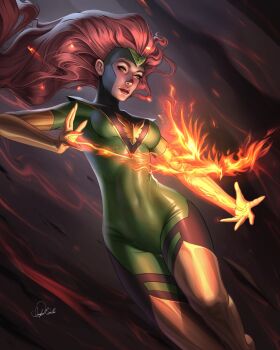 1girl artist_name bird bodysuit breasts commentary douglas_bicalho english_commentary fire floating_hair freckles green_bodysuit highres jean_grey long_hair marvel medium_breasts parted_lips phoenix red_hair solo superhero_costume x-men