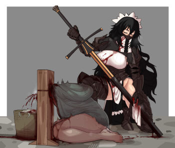 2girls absurdres armor armored_corset armored_legwear arms_behind_back barefoot black_hair blood blood_on_breasts blood_on_clothes blood_on_ground bloody_weapon borrowed_character breasts closed_eyes closed_mouth collared_shrug commentary covered_mouth dark-skinned_female dark_skin decapitation ebonyxh english_commentary execution executioner&#039;s_sword executioner_maid_(centurii-chan) frilled_skirt frills gauntlets grey_background hair_between_eyes highres kneeling large_breasts long_bangs long_hair long_sword maid maid_headdress multiple_girls no_panties original pelvic_curtain restrained shrug_(clothing) simple_background skirt eylin_eyla_(ebonyxh) steaming_body sweat sword two-handed_sword veil very_sweaty weapon white_background white_hair wiping_blood zweihander