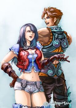 1boy 1girl belt black_hair breasts brown_gloves chigusa_(saju-cherry) crop_top dark_skin gloves long_hair medium_breasts midriff mole mole_under_mouth navel open_mouth reyn_(xenoblade) sharla_(xenoblade) short_shorts shorts simple_background smile thighhighs xenoblade_chronicles_(series) xenoblade_chronicles_1