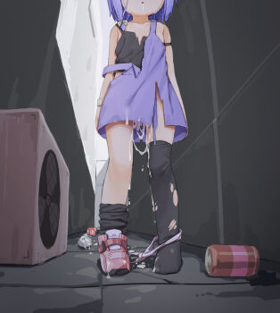 1girl after_rape after_vaginal aftersex alley bad_id bad_twitter_id black_socks can collarbone crying cum cum_on_body cum_on_clothes cum_on_lower_body cum_pool cumdrip dress drink_can drooling female_focus groin hair_ornament hair_ribbon hassai head_out_of_frame highres kneehighs loli lower_body off_shoulder open_mouth original outdoors panties panties_around_leg purple_hair ribbon saliva shoes short_hair single_shoe socks soda_can solo standing strap_slip tears tissue torn_clothes torn_dress underwear used_tissue