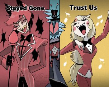 Rule 34 | 1girl, 2boys, :d, alastor (hazbin hotel), animal ears, black bow, black bowtie, black hair, black hat, blonde hair, blush stickers, bow, bowtie, charlie morningstar, commentary request, deer boy, deer ears, hat, hazbin hotel, hellaverse, holding, holding staff, jacket, long hair, long sleeves, multiple boys, open mouth, orange background, pants, pompomhz, red background, red hair, red jacket, red pants, smile, staff, stayed gone (hazbin hotel), striped clothes, striped jacket, television, tongue, top hat, trust us (hazbin hotel), vox (hazbin hotel), watermark