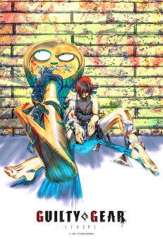 1girl 1other a.b.a absurdres against_wall arc_system_works bags_under_eyes bandaged_arm bandaged_chest bandaged_leg bandages barefoot blood blood_stain breasts chain commentary_request copyright_name feet full_body green_eyes guilty_gear guilty_gear_strive hair_between_eyes hair_over_one_eye highres key key_in_head looking_at_viewer nail_polish object_through_head on_floor paracelsus_(guilty_gear) red_hair red_nails short_hair shorts sitting stitched_mouth stitches storyteller777 straight-on toenail_polish toenails