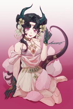 1girl :d absurdres anjo_nala anjo_nala_(forbidden_fruit) bare_shoulders barefoot black_hair demon_horns dress flower full_body gloves gold_choker gradient_background green_gloves green_horns hair_flower hair_ornament hand_up highres horns lizard_tail long_hair official_alternate_costume open_mouth pink_background purple_eyes red_tail reverse:1999 shuoyaori_xianding sitting sleeveless sleeveless_dress smile solo tail wariza white_dress white_flower
