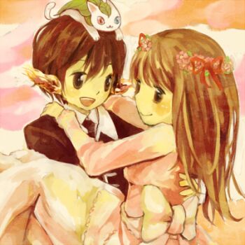 1boy 1girl 91s animal animal_on_head bow bride brown_eyes brown_hair carrying cat cat_on_head closed_mouth commentary_request dress flower groom head_wreath hetero leaf leaf_cat long_hair long_sleeves looking_at_another lowres on_head open_mouth pink_dress pink_flower pointy_ears princess_carry ragnarok_online short_hair smile wedding white_bow white_cat