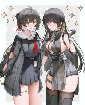 2girls absurdres arm_cutout bare_shoulders black_bow black_dress black_gloves black_hair black_jacket black_serafuku black_shirt black_shorts black_skirt black_thighhighs blush border bow breasts chisa_(wuthering_waves) clothing_cutout commentary_request cosplay costume_switch cross-laced_clothes cross-laced_dress dress earrings elbow_pads female_rover_(wuthering_waves) gloves grey_background hair_bow hair_ribbon highres id_card jacket jewelry large_breasts long_hair long_sleeves looking_at_viewer medium_breasts mole mole_under_eye multiple_girls neckerchief open_mouth partially_fingerless_gloves pouch red_neckerchief red_ribbon ribbon rover_(wuthering_waves) sailor_collar school_uniform serafuku shirt short_shorts shorts sinonomemikann skirt sleeveless sleeveless_dress smile tacet_mark_(wuthering_waves) thigh_pouch thigh_strap thighhighs thighs triangle_earrings white_border white_sailor_collar wuthering_waves yellow_eyes yellow_ribbon