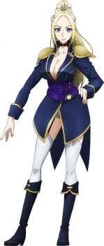 1girl anime_coloring armor belt black_boots blonde_hair blue_jacket boots braid breasts cleavage closed_mouth collar collarbone corset crown_braid full_body garter_straps hand_on_own_hip high_heel_boots high_heels high_ponytail jacket large_breasts lips long_hair long_sleeves looking_at_viewer official_art open_hand outstretched_arm parted_bangs ponytail purple_belt purple_corset purple_eyes red_collar rionne_strail_bayreuth short_shorts shorts shoulder_armor sidelocks simple_background smile solo standing tachi-e takemoto_tatsuki the_new_gate thighhighs thighs transparent_background very_long_hair white_thighhighs