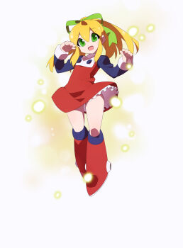 absurdres android armored_boots armored_legwear arms_up blonde_hair blurry blurry_background boots capcom clenched_hand clenched_hands green_eyes green_ribbon hair_between_eyes hair_over_shoulder hair_ribbon henshin highres joints kaidou_zx knee_boots large_variant_set long_hair long_sleeves looking_at_viewer marvel_vs._capcom marvel_vs._capcom_2 mechanical_boots mega_man_(series) miniskirt open_mouth red_boots red_skirt ribbon robot_girl robot_joints roll_(mega_man) sidelocks simple_background skirt smile sparks transformation variant_set white_background