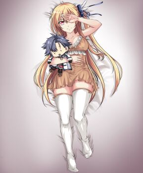 Rule 34 | 1girl, alisa reinford, blonde hair, breasts, cleavage, closed mouth, commentary, double-parted bangs, eiyuu densetsu, english commentary, full body, hair between eyes, highres, large breasts, long hair, looking at viewer, lying, nightgown, on back, on bed, one eye covered, rean schwarzer, red eyes, sen no kiseki, sen no kiseki (series), sen no kiseki iii, shadow, side ponytail, simple background, smile, solo, spirit rise, stuffed toy, thighhighs, white background, white thighhighs