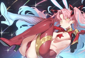 1girl animal_ears black_ribbon blue_hair boots breasts cameltoe collared_shrug crotchless earrings ebora facial_mark fake_animal_ears fate/grand_order fate_(series) forehead_mark frontless_outfit hair_ribbon high_heels highres hiphighs hoop_earrings ishtar_(fate) jewelry latex latex_legwear long_hair looking_at_viewer medium_breasts multicolored_hair pasties pink_hair rabbit_ears red_boots red_hiphighs reverse_bunnysuit reverse_outfit ribbon shooting_star shrug_(clothing) solo space space_ishtar_(fate) space_ishtar_(third_ascension)_(fate) star_(symbol) star_pasties two_side_up very_long_hair yellow_eyes