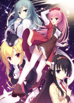 Rule 34 | 4girls, :d, aqua eyes, aqua hair, arihara nanami, arm behind head, beret, black hair, black hat, black necktie, blonde hair, boots, breasts, brown boots, brown skirt, closed mouth, coat, collared shirt, cover, eyes visible through hair, finger to mouth, floating hair, frilled skirt, frills, full body, garrison cap, garter straps, gloves, hair between eyes, hair ornament, hairband, hand up, hat, high-waist skirt, highres, holding, holding umbrella, index finger raised, jacket, kikka academy school uniform, kobuichi, lab coat, lace-up boots, large breasts, light particles, long hair, long sleeves, looking at viewer, low twintails, mitsukasa ayase, multiple girls, muririn, necktie, nijouin hazuki, official art, open clothes, open coat, open mouth, parted lips, pink hair, pink umbrella, purple eyes, red coat, red eyes, red hairband, red hat, red necktie, riddle joker, school uniform, shikibe mayu, shirt, short necktie, sidelocks, skirt, smile, standing, straight hair, tassel, tassel hair ornament, textless version, thighhighs, third-party source, twintails, umbrella, upper body, very long hair, video game cover, white coat, white gloves, white shirt, white thighhighs, yellow jacket, yuzusoft