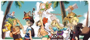 2girls 3boys anniversary arm_up backpack bad_id bad_twitter_id bag baseball_cap beanie black_hair black_shirt blue_sky brother_and_sister closed_eyes closed_mouth cloud cosmog dark-skinned_male dark_skin day dress duffel_bag elio_(pokemon) film_grain from_side gen_1_pokemon gen_7_pokemon gladion_(pokemon) green_eyes green_hair hat hau_(pokemon) highres legendary_pokemon lillie_(pokemon) litten multiple_boys multiple_girls nintendo on_head on_shoulder open_mouth palm_tree paper_bag pikachu poke_ball_theme pokemon pokemon_(creature) pokemon_on_head pokemon_on_shoulder pokemon_sm ponytail popplio red_hat ririmon rowlet selene_(pokemon) shirt short_hair short_sleeves siblings sky starter_pokemon_trio striped_clothes striped_shirt sun_hat tied_shirt torn_clothes tree type:_null v white_dress white_hat z-ring