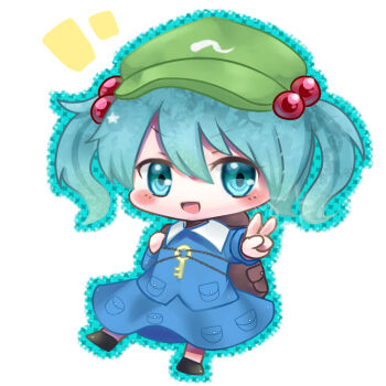 Rule 34 | 1girl, :d, backpack, bag, black shoes, blue eyes, blue hair, blue shirt, blue skirt, blush, chibi, collared shirt, commentary request, full body, green hat, hair between eyes, hair bobbles, hair ornament, hand up, hat, jewelry, kawashiro nitori, key, key necklace, long hair, looking at another, nanai07, necklace, newsboy cap, notice lines, open mouth, outstretched arm, pocket, shirt, shoes, simple background, skirt, smile, solo, touhou, two side up, v, very long hair, white background