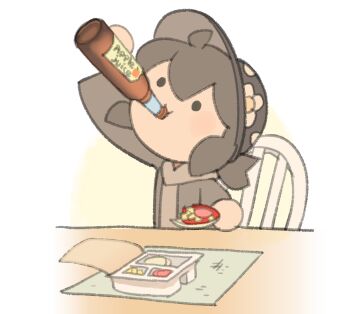 1girl artist_self-insert black_hair black_hat blush bottle chair commentary drink drinking english_commentary english_text floral_print floral_print_hat food grey_hoodie grey_jacket hat holding holding_bottle holding_drink holding_food holding_pizza hood hood_down hoodie jacket long_sleeves lunchables open_clothes open_jacket original pizza print_hat short_hair simple_background solid_circle_eyes solo temmie_chang temmie_chang_(character) white_background