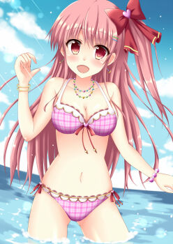 1girl :d bare_shoulders bead_necklace beads bikini blue_sky blush bow bracelet breasts cleavage cloud collarbone commentary_request cowboy_shot day earrings gold_bracelet hair_bow hair_ornament hairclip hand_up heart heart_hair_ornament horizon jewelry lace lace-trimmed_bikini lace_trim long_hair looking_at_viewer medium_breasts navel necklace ocean open_mouth original outdoors parallel_hairclips pearl_bracelet pink_bikini pink_hair plaid_bikini plaid_clothes red_bow red_eyes sky smile solo standing swimsuit top_of_moe_2014 very_long_hair wading yuuki_tokinomado