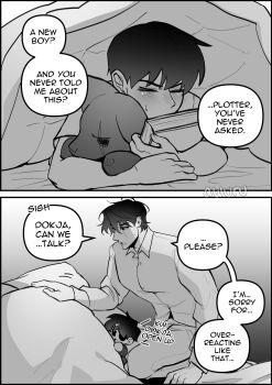 3boys absurdres areuwuu book elbow_rest greyscale hiding highres hugging_object kim_dokja male_focus monochrome multiple_boys oldest_dream omniscient_reader&#039;s_viewpoint secretive_plotter shirt short_hair stuffed_animal stuffed_toy t-shirt tears under_covers yoo_joonghyuk yoo_joonghyuk_(999th_turn)