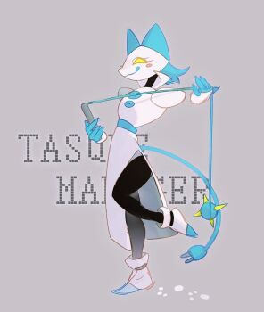 1girl :3 ankle_boots black_leggings blue_tail blue_tongue blush_stickers boots buttons cat_girl character_name chinese_commentary closed_mouth colored_sclera colored_tongue commentary_request deltarune dress electric_plug electric_plug_tail fewer_digits full_body furry furry_female grey_background hand_up holding holding_whip leggings long_dress looking_at_viewer ningzzz pelvic_curtain profile rayman_limbs simple_background solo standing standing_on_one_leg tail tasque_manager tongue tongue_out utdr_(toby_fox) white_boots white_dress yellow_sclera