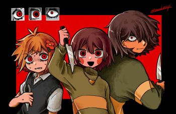 1boy 2others alternate_color alternate_eye_color antenna_hair arm_up basil_(faraway)_(omori) basil_(omori) black_sweater_vest blonde_hair blush brown_hair chara_(undertale) clenched_teeth closed_mouth collared_shirt colored_skin commentary deltarune flower gardening_shears green_sweater hair_flower hair_ornament hair_over_one_eye heart heart_necklace highres holding holding_knife jewelry knife kris_(deltarune) long_sleeves looking_at_viewer multiple_others necklace omochi8604 omori open_mouth parted_lips red_eyes shirt short_hair short_sleeves sidelocks smile sweat sweater sweater_vest symbol-only_commentary teeth twitter_username undertale utdr_(toby_fox) white_shirt yellow_skin