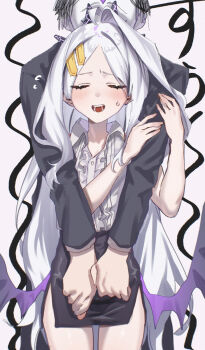 1boy 1girl ahoge asupa_mayo0210 blue_archive blush breasts demon_girl demon_horns demon_wings doodle_sensei_(blue_archive) halo highres hina_(blue_archive) horns long_hair low_wings open_mouth sensei_(blue_archive) small_breasts standing very_long_hair white_hair wings