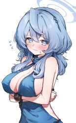 Rule 34 | 1girl, absurdres, ako (blue archive), ako (dress) (blue archive), arms under breasts, backless dress, backless outfit, bare shoulders, blue archive, blue dress, blue eyes, blue hair, blush, breasts, chain, cleavage, closed mouth, covered erect nipples, cowlick, crossed arms, cuffs, dress, flying sweatdrops, furrowed brow, hairband, halterneck, highres, kutar22, long hair, looking at viewer, official alternate costume, plunging neckline, shackles, sideboob, sideless dress, simple background, small sweatdrop, solo, upper body, white background