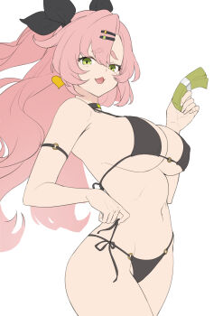 1girl bangboo_(zenless_zone_zero) bare_shoulders bikini black_bikini black_ribbon breasts cleavage green_eyes hair_ornament hair_ribbon hairclip highres large_breasts long_hair looking_at_viewer money navel nicole_demara open_mouth pink_hair raijuu_(bakanara) ribbon smile solo swimsuit thighs two_side_up unfinished zenless_zone_zero