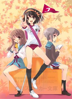 3girls asahina_mikuru blue_sailor_collar blue_skirt book brown_cardigan brown_eyes brown_hair buruma cardigan commentary_request gym_uniform hair_ornament hair_ribbon hairband highres ito_noizi kita_high_school_uniform long_legs multiple_girls nagato_yuki numbered_flag official_art orange_hairband podium purple_hair ribbon sailor_collar school_uniform serafuku skirt suzumiya_haruhi suzumiya_haruhi_no_yuuutsu watermark winter_uniform yellow_eyes