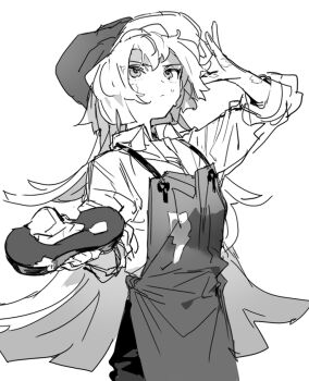 1girl apron bad_id bad_twitter_id butter_pretzel_cookie collared_shirt commentary cookie_run cookie_run:_ovenbreak hat holding holding_paint_palette humanization inactive_account long_hair looking_up nana_(ebitokanimiso) newsboy_cap paint_palette painttool_sai_(medium) shirt simple_background sketch smock solo symbol-only_commentary very_long_hair white_background