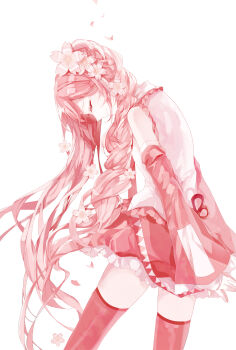 Rule 34 | 1girl, bad id, bad pixiv id, braid, closed eyes, detached sleeves, female focus, flower, hair flower, hair ornament, hatsune miku, head bowed, highres, long hair, mamenomoto, monochrome, petals, pink theme, sakura miku, simple background, skirt, solo, thighhighs, very long hair, vocaloid, white background