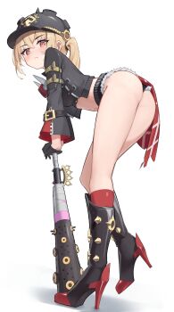 Rule 34 | absurdres, ass, baseball bat, boots, breasts, combat helmet, crop top, crossed bangs, from behind, fur-trimmed shorts, fur trim, gloves, half gloves, helmet, high heel boots, high heels, highres, jacket, leaning forward, leather, leather jacket, looking back, luciana de montefio, medium breasts, micro shorts, petite, pickelhaube, plo1154, shorts, side ponytail, solo, white background, zenless zone zero