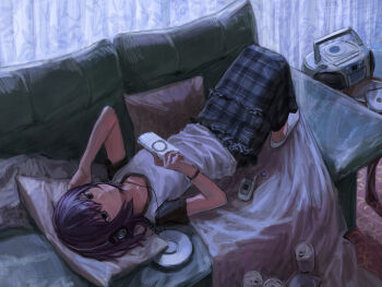 1girl absurdres an_yb black_skirt blanket can cellphone charm_(object) closed_mouth commentary couch curtains dvd_case earphones full_body handheld_game_console highres holding holding_handheld_game_console indoors long_skirt looking_up lying medium_hair on_back on_couch original phone pillow plaid_clothes plaid_skirt playstation_portable purple_eyes purple_hair shirt skirt socks solo stereo symbol-only_commentary t-shirt watch white_shirt white_socks wristwatch