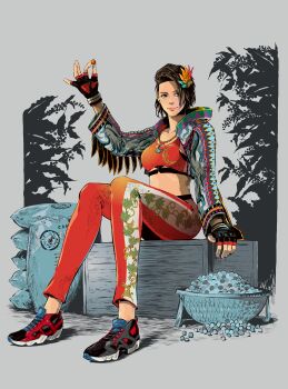 absurdres aqua_eyes arm_up azucena_milagros_ortiz_castillo black_gloves box breasts brown_hair cropped_jacket dark-skinned_female dark_skin fingerless_gloves full_body gloves grey_background hand_rest highres holding jbstyle jewelry looking_to_the_side necklace no_socks non-web_source official_art on_box pants red_pants red_sports_bra shoes short_hair sitting sitting_on_box small_breasts smile sneakers sports_bra tekken tekken_8