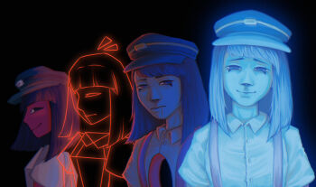 Rule 34 | 4girls, black hair, blue skin, blunt bangs, bob cut, colored skin, dual persona, ena: dream bbq, ena (dream bbq), ena (series), ena (species), hangover ena, hat, highres, hole in chest, hole on body, humanization, low poly, medium hair, multiple girls, red skin, salesperson ena, shirt, yxleii