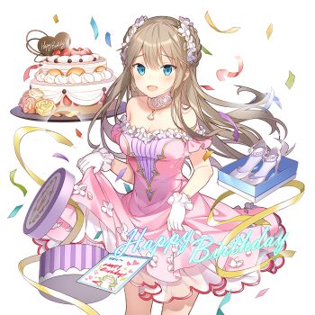 Rule 34 | 1girl, aqua eyes, birthday cake, box, braid, breasts, cake, clothes lift, commentary request, dress, dress lift, food, gift, gift box, gloves, hair between eyes, happy birthday, high heels, jewelry, lidelle esquire, long hair, medium breasts, necklace, off-shoulder dress, off shoulder, pearl necklace, pink dress, rie (reverie), shoes, uchi no hime-sama ga ichiban kawaii, unworn shoes, very long hair, white gloves
