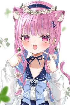 Rule 34 | 1girl, absurdres, ahoge, anchor hair ornament, anchor symbol, animal ears, blue choker, blue hairband, blue sailor collar, blush, bow, braid, cat ears, choker, colored inner hair, finger to own chin, hair ornament, hairband, head wreath, high-waist skirt, highres, hololive, jacket, leaf, long sleeves, minato aqua, minato aqua (sailor), multicolored hair, official alternate costume, okome2028, open mouth, pink hair, ribbon choker, sailor collar, school uniform, serafuku, skirt, smile, solo, twin braids, two-tone hair, virtual youtuber, white background