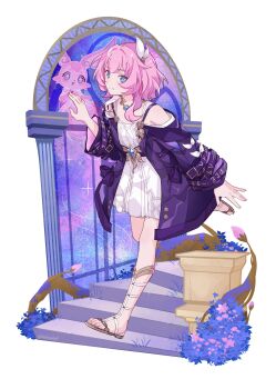 1girl absurdres blue_eyes breasts coat commentary cyrene_(honkai:_star_rail) cyrene_(philia093)_(honkai:_star_rail) dress foxgree gladiator_sandals hair_ornament highres honkai:_star_rail honkai_(series) jewelry medium_hair mem_(honkai:_star_rail) multicolored_hair necklace pink_hair purple_coat sandals small_breasts solo stairs toes twitter_username two-tone_hair untranslatable_commentary white_dress white_hair