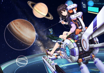1girl brown_eyes brown_hair commentary_request english_text holding holographic_interface holographic_monitor jupiter_(planet) looking_back ntake_toukasaien oekaki_musume saturn_(planet) sitting smile space watch wheelchair wristwatch