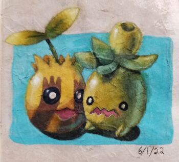 dated gen_2_pokemon highres nintendo no_humans open_mouth pokemon pokemon_(creature) sailorsun546 smoliv sunkern traditional_media