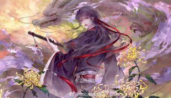 Rule 34 | 1boy, artist name, aura, black hair, black hanfu, blood, blood on face, chenqing flute, chinese clothes, cocanna cha, colored smoke, dizi, dragon, eastern dragon, fighting stance, flower, flute, flute tassel, from behind, grey sash, hair down, hair ribbon, half updo, hanfu, highres, holding, holding flute, holding instrument, implied yaoi, instrument, leaf, long hair, long sleeves, looking at another, looking at viewer, looking back, modao zushi, official alternate hairstyle, open mouth, parted lips, ponytail, red eyes, red ribbon, red sash, ribbon, robe, sash, sidelocks, smoke, solo, tassel, teeth, transverse flute, upper body, watermark, wei wuxian, wei wuxian (yiling laozu), weibo watermark, white dragon, wide sleeves, yellow flower