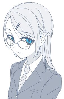 1girl blazer blue_eyes braid collared_shirt glasses hi_iro highres jacket long_hair looking_at_viewer necktie original shirt solo spot_color upper_body