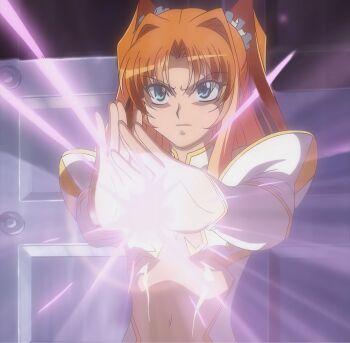 1girl absurdres breasts covered_navel fingerless_gloves futaba_lili_ramses gloves green_eyes highres incoming_attack leotard looking_at_viewer magic orange_hair outstretched_arms see-through_clothes serious small_breasts solo stitched tentacle_and_witches third-party_edit twintails